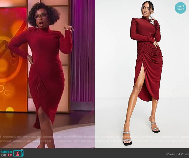 Aria Cove High neck ruched midi dress with thigh split in red worn by Jennifer Hudson on The Jennifer Hudson Show