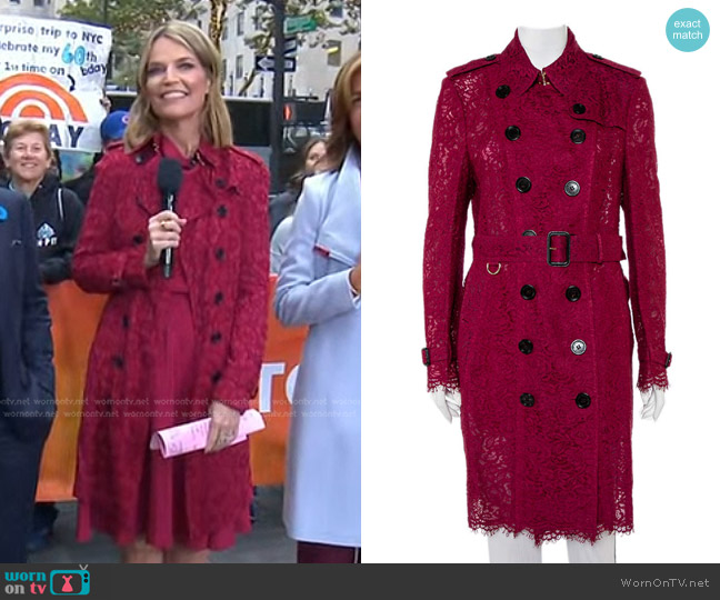 Burberry Lace Double Breasted Belted Trench Coat in Burgundy worn by Savannah Guthrie on Today