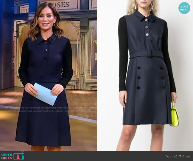 Paule Ka Button Detail Belted Dress in Blue worn by Rebecca Jarvis on Good Morning America