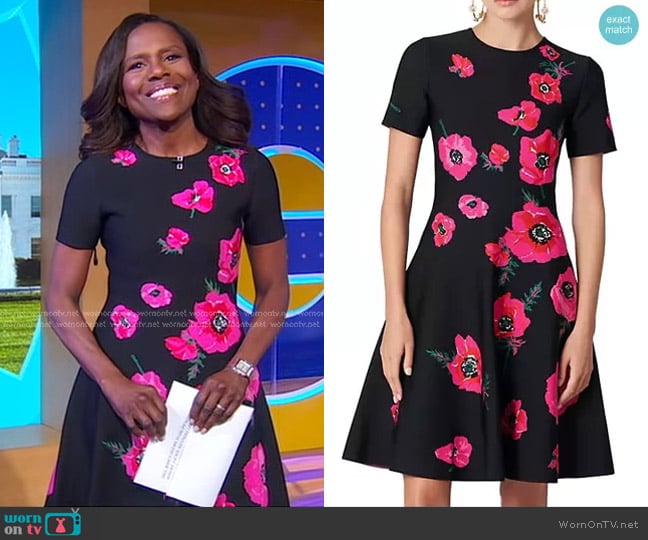 Carolina Herrera Floral Knit Fit-&-Flare Dress worn by Deborah Roberts on Good Morning America