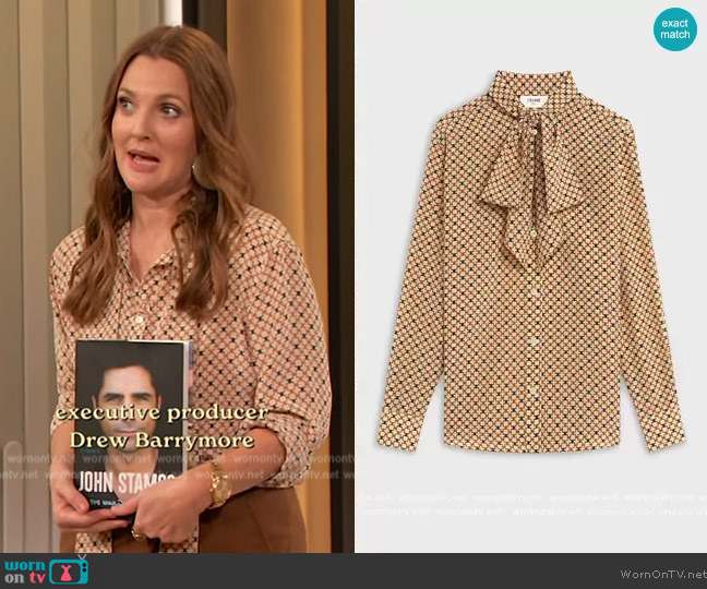 Celine Loose Shirt in Printed Crepe de Chine worn by Drew Barrymore on The Drew Barrymore Show