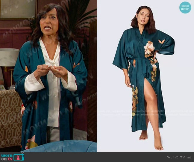 Kim + Ono Peony & Butterfly Long Kimono Robe in Vintage Teal worn by Paulina Price (Jackée Harry) on Days of our Lives