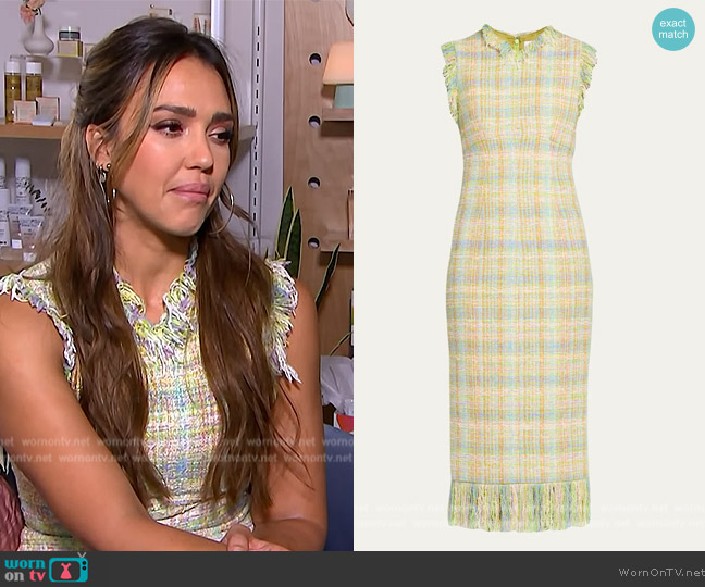 Christopher John Rogers Tweed Fringe Sheath Midi Dress worn by Jessica Alba on E! News