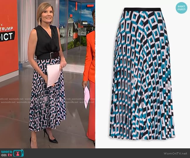 Diane von Furstenberg Saxon Pleated Printed Crepe Midi Skirt worn by Kate Snow on NBC News Daily