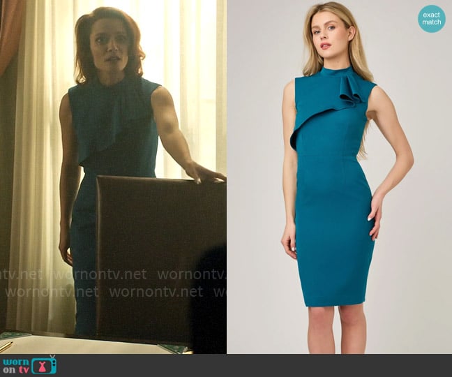 Femme de Carriere Front Ruffle Dress in Teal worn by Charlotte Collins (Lara Jean Chorostecki) on Chucky