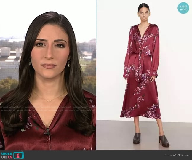 Vince Forsythia Long Sleeve Satin Shirtdress worn by Allie Raffa on NBC News Daily