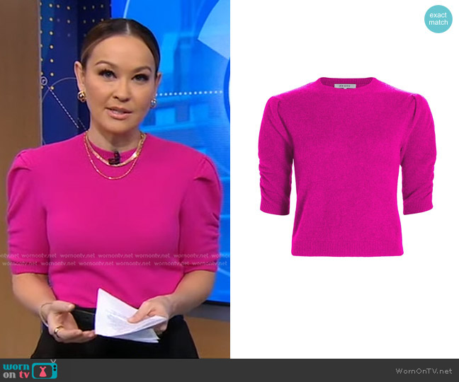 Frame Ruched Sleeve Cashmere-Wool Sweater in Magenta worn by Eva Pilgrim on Good Morning America