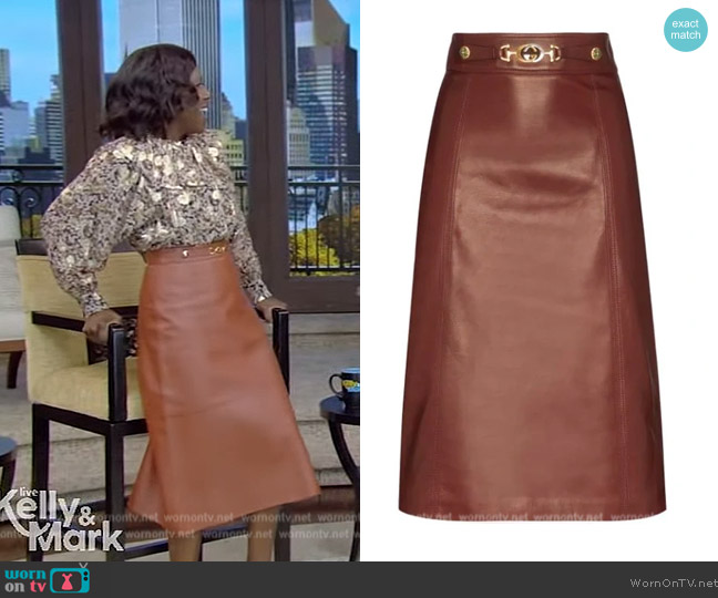 Gucci Logo-Belted Plonge Leather Skirt worn by Deborah Roberts on Live with Kelly and Mark