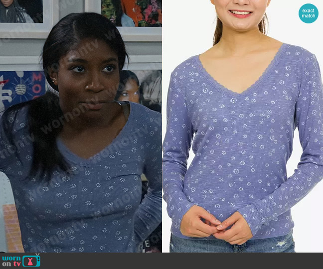 Hippie Rose Lace-Trimmed Floral Rib-Knit Top worn by Trina Robinson (Tabyana Ali) on General Hospital