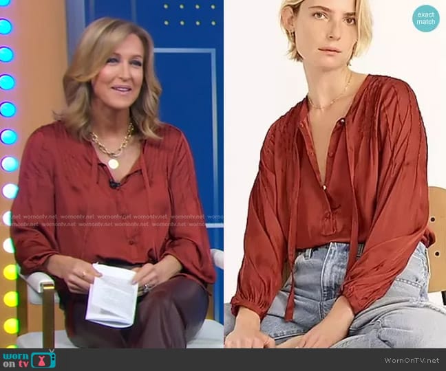 J. Crew Featherweight Satin Tie-Neck Top worn by Lara Spencer on Good Morning America