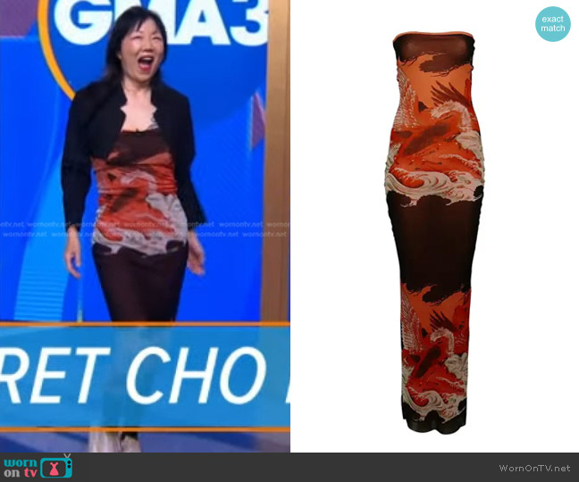 Jean Paul Gaultier Eagle & Wave Japanese Tattoo Mesh Tube Dress worn by Margaret Cho on Good Morning America