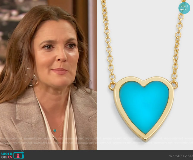 Jennifer Meyer 18k Mini Inlay Heart Necklace worn by Drew Barrymore on The Drew Barrymore Show