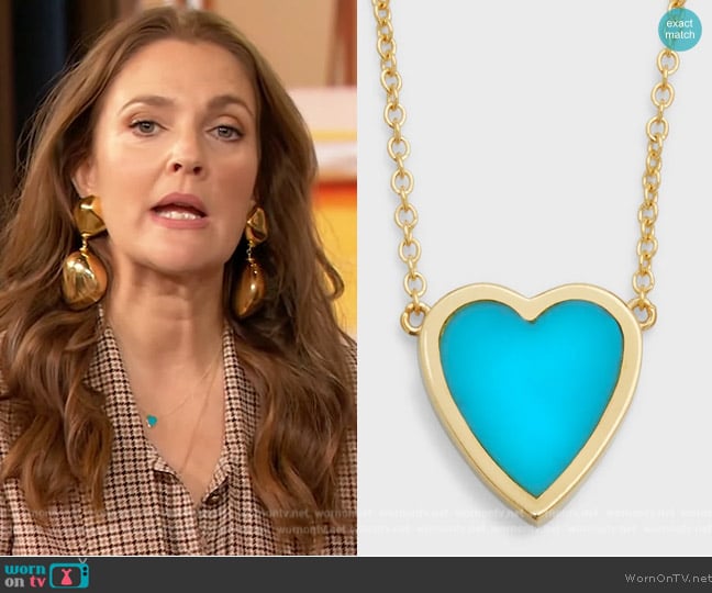 Jennifer Meyer Mini Heart 18-karat gold turquoise necklace worn by Drew Barrymore on The Drew Barrymore Show