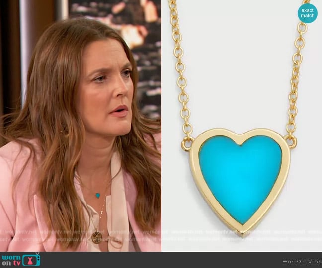 Jennifer Meyer18k Mini Inlay Heart Necklace worn by Drew Barrymore on The Drew Barrymore Show