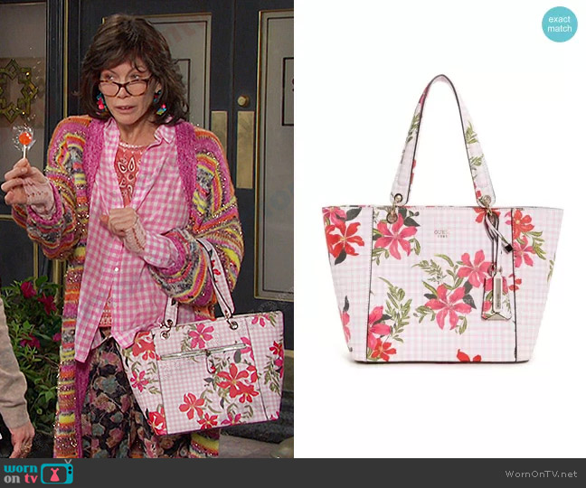 Guess Kamryn Gingham Floral Tote worn by Susan (Stacy Haiduk) on Days of our Lives