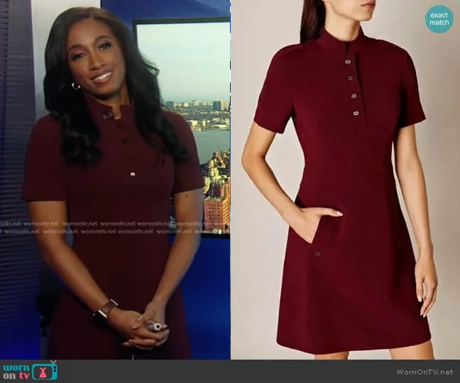 Karen Millen High Collar A-Line Shift Dress in Burgundy worn by Brittany Bell on Good Morning America