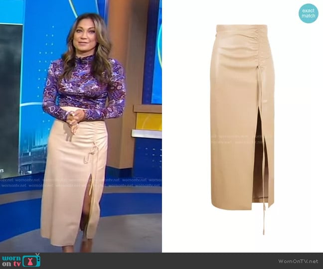 Nanushka Malorie Ruched Front-Slit Skirt worn by Ginger Zee on Good Morning America