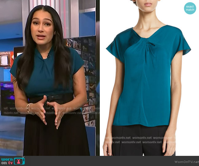 Milly Tatiana Twist-Neck Cap-Sleeve Stretch-Silk Top worn by Morgan Radford on NBC News Daily