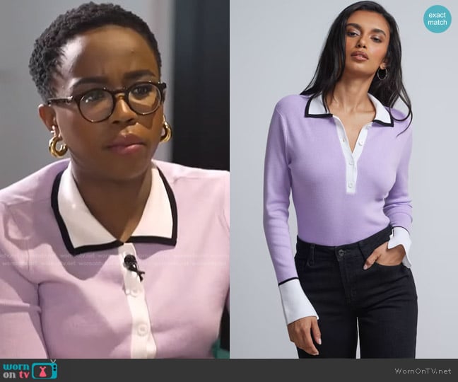 New York & Company Piped-Collar Polo Sweater worn by Zinhle Essamuah on NBC News Daily