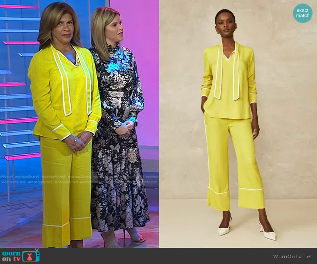 Pearl by Lela Rose Equestrian Jacquard Tipped Tie Neck Blouse and Pants  worn by Hoda Kotb on Today