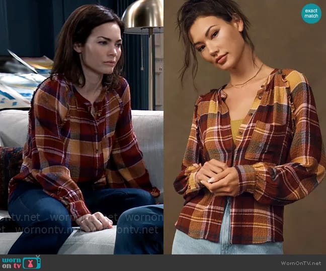 Pilcro at Anthropologie Relaxed Plaid Buttondown Shirt in Red worn by Elizabeth Webber (Rebecca Herbst) on General Hospital