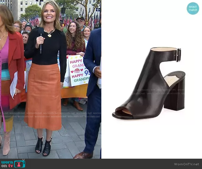 Prada Leather Ankle-Wrap Sandal in Nero worn by Savannah Guthrie on Today