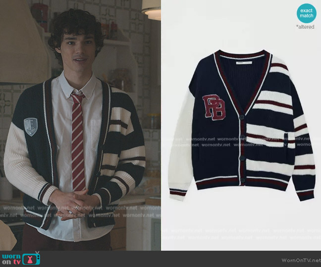 Pull & Bear Varsity Jacket with Patch Detail worn by Joel (Fernando Líndez) on Elite