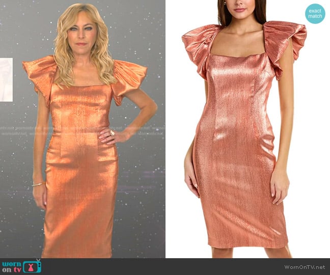 Black Halo Queen Metallic Puff Sleeve Cocktail Dress in Orange worn by Sutton Stracke on The Real Housewives of Beverly Hills