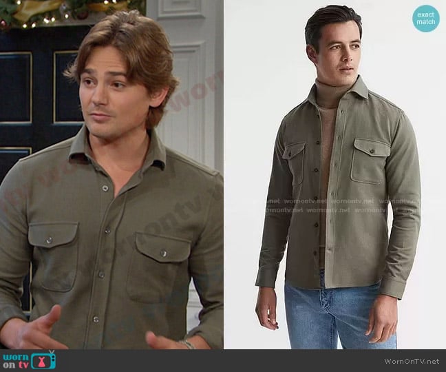 Reiss Arlo Cotton Shirt in Khaki worn by Johnny DiMera (Carson Boatman) on Days of our Lives