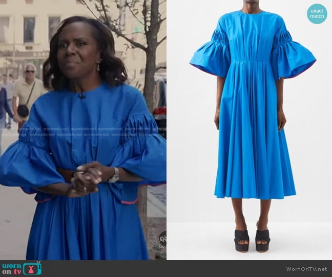 Roksanda Iosefena Gathered-sleeve Cotton Midi Dress in Blue worn by Deborah Roberts on Good Morning America