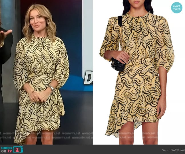 Sandro Paisley print asymmetric dress worn by Kit Hoover on Access Hollywood