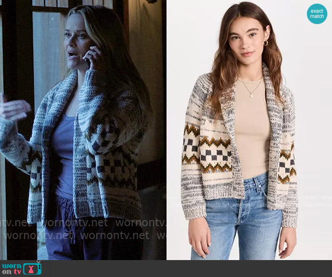 The Great The Geo Check Lodge Alpaca Cardigan worn by Bradley Jackson (Reese Witherspoon) on The Morning Show