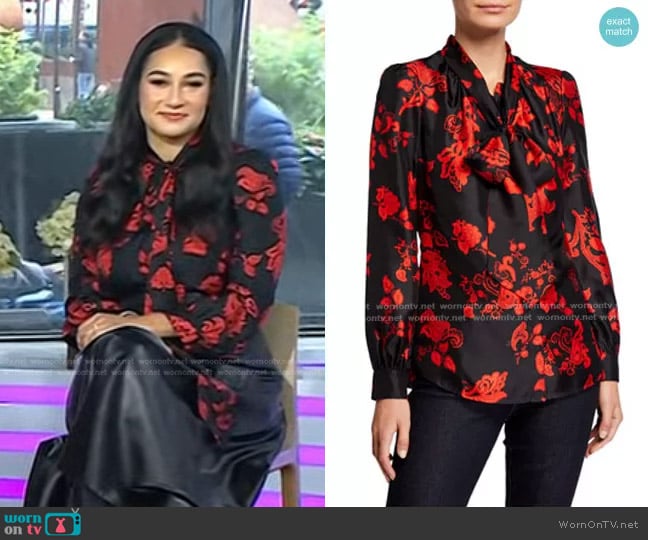 Tory Burch Floral Tie-Neck Long-Sleeve Silk Blouse worn by Morgan Radford on Today