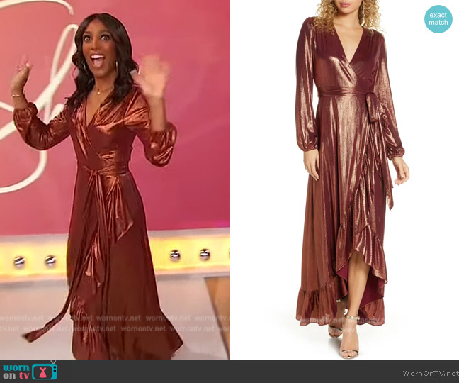 WornOnTV: Shaun Robinson’s bronze metallic ruffle wrap dress on Sherri ...