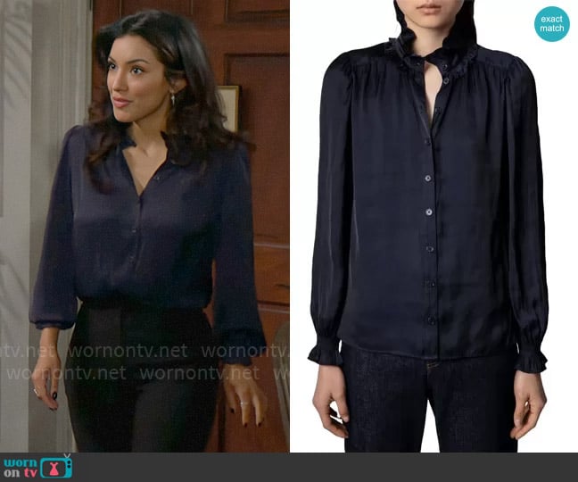 Zadig and Voltaire Tacca Satin Ruffle Button-Up Blouse worn by Audra Charles (Zuleyka Silver) on The Young and the Restless