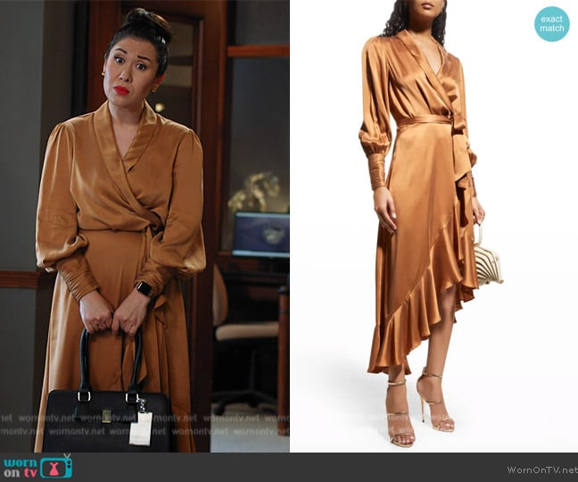 Zimmermann Blouson-Sleeve Silk Wrap Midi Dress worn by Sherri Kansky (Ruthie Ann Miles) on All Rise