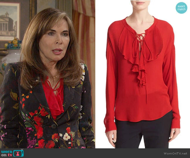 Lace-Up Silk Ruffle Blouse by The Kooples worn by Kate Roberts (Lauren Koslow) on Days of our Lives