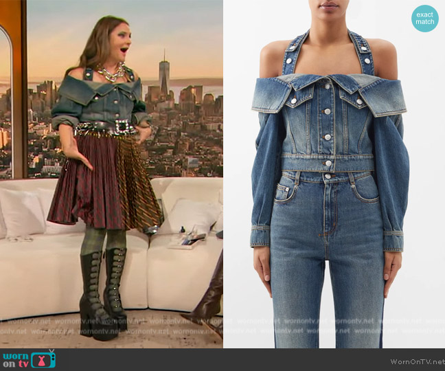 Alexander McQueen Cut-out denim jacket worn by Drew Barrymore on The Drew Barrymore Show