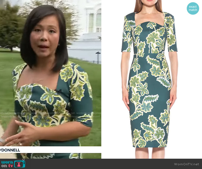 Alexia Admor Freya Sheath Midi Dress in Emerald Multi worn by Weijia Jiang on CBS Evening News