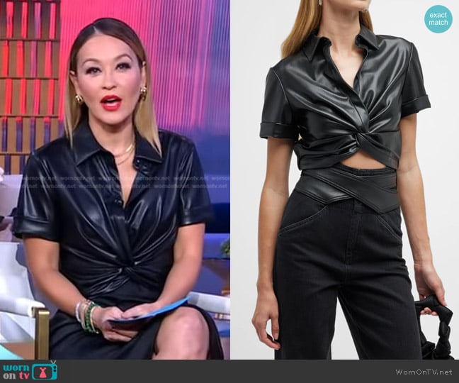 Alice + Olivia Phebe Vegan Leather Twist-Front Crop Top worn by Eva Pilgrim on Good Morning America