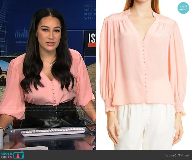 Alice + Olivia Serena Button-front Blouse in Pink worn by Morgan Radford on NBC News Daily