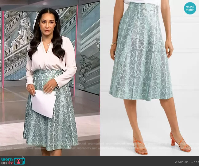 Alice + Olivia Sosie snake-print leather midi skirt worn by Morgan Radford on NBC News Daily