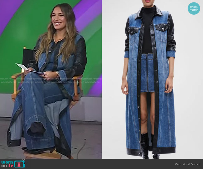 Alice + Olivia Darren Maxi Denim Vegan Leather Combo Jacket worn by Emily Orozco on Today