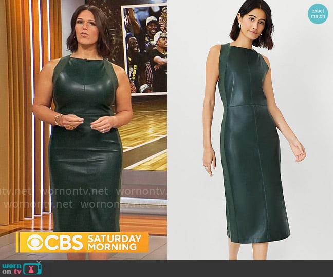 Ann Taylor Faux Leather Mixed Media Sweater Dress in Boxwood Green worn by Dana Jacobson on CBS Mornings