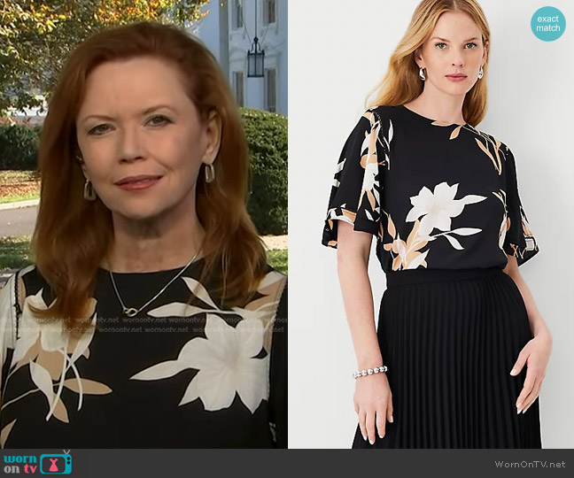 Ann Taylor Floral Mixed Media Cutout Flutter Sleeve Top worn by Kelly O’Donnell on NBC News Daily