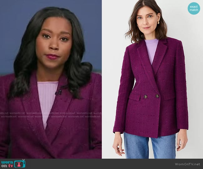 Ann Taylor The Tailored Double Breasted Long Blazer in Tweed worn by Rachel Scott on Good Morning America