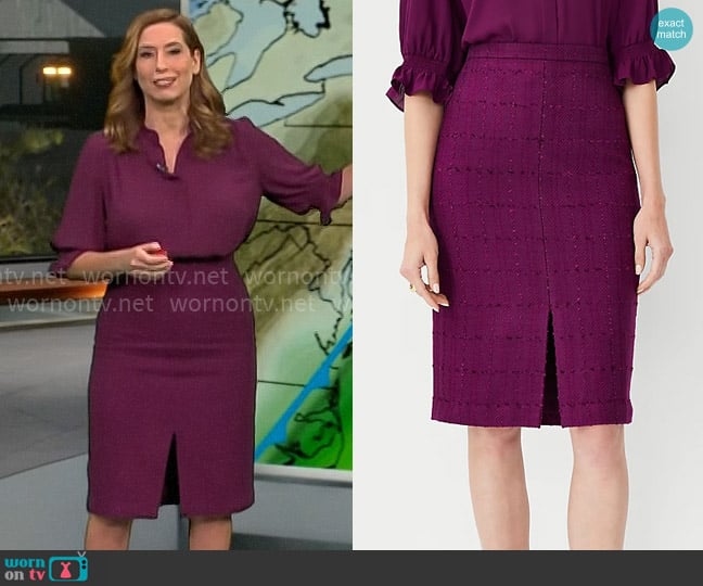 Ann Taylor Tweed Front Slit Pencil Skirt in Plum Glow worn by Stephanie Abrams on CBS Mornings