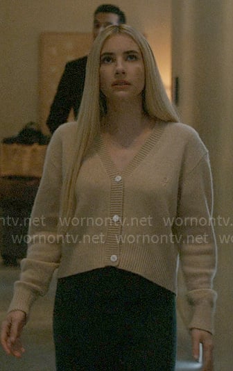 Anna's camel v-neck cardigan on American Horror Story