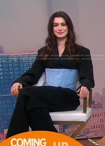 Anne Hathaway’s black denim corset blazer and pants on Good Morning America