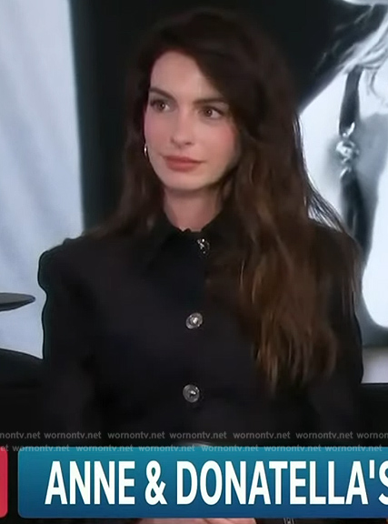 Anne Hathaway’s black double breasted jacket on Access Hollywood